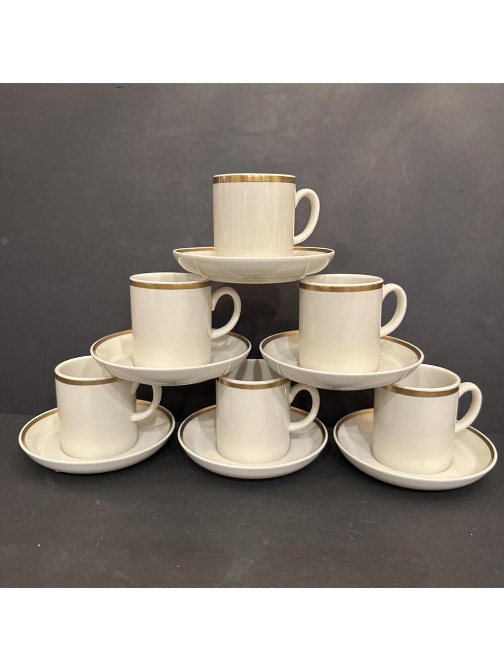 SET 6 Wedgwood White Bone China W Gold Band England Demitasse Cup and Saucers